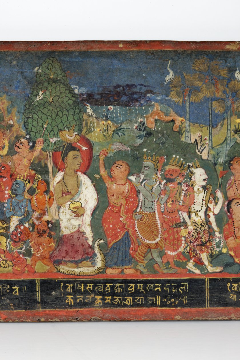 Yksityiskohta buddhalaisen käsikirjoituksen kannesta (läpinäkymätön wc puulla) tekijältä Nepalese School