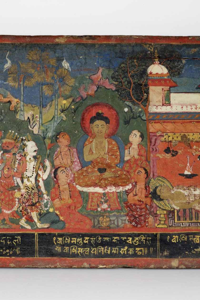 Yksityiskohta buddhalaisen käsikirjoituksen kannesta (läpinäkymätön wc puulla) tekijältä Nepalese School