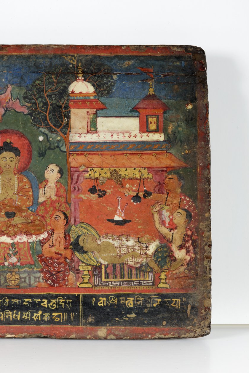 Yksityiskohta buddhalaisen käsikirjoituksen kannesta (läpinäkymätön wc puulla) tekijältä Nepalese School