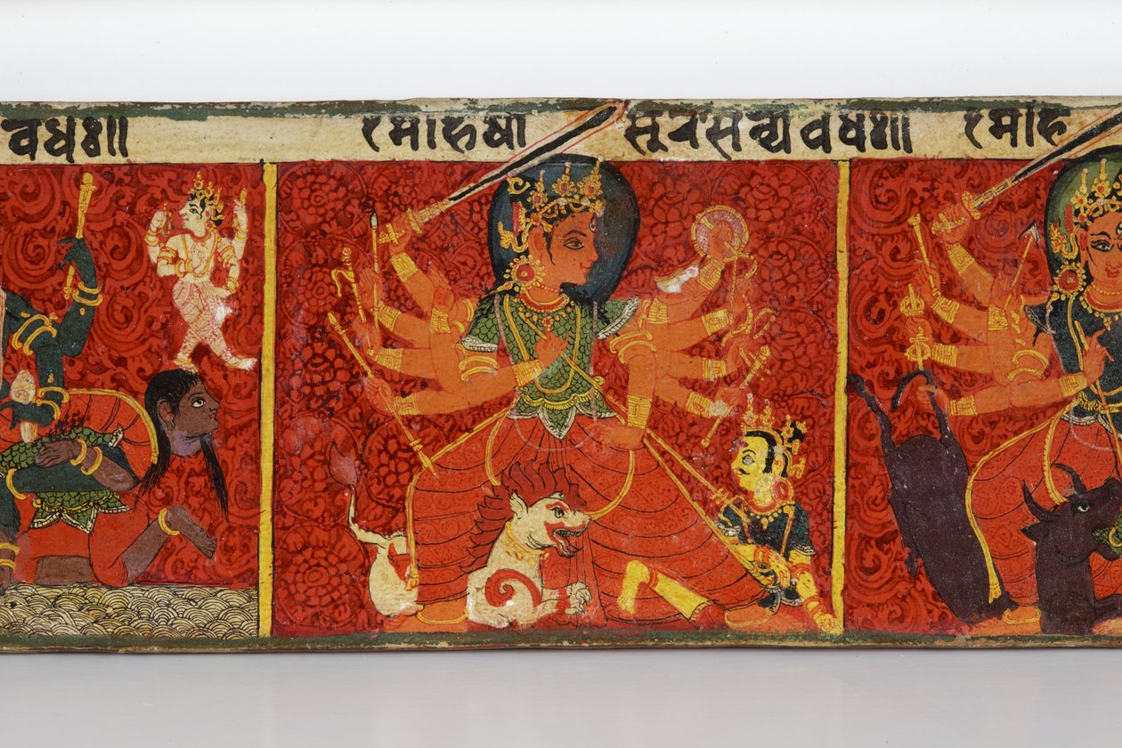 Yksityiskohta Devimahatmya-käsikirjoituksen kannesta (läpinäkymätön wc puulla) tekijältä Nepalese School