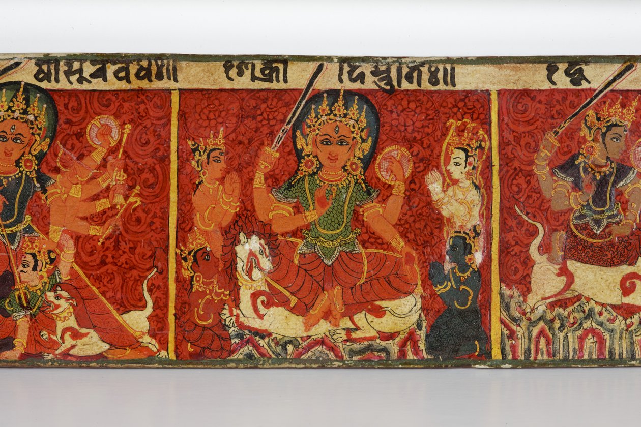 Yksityiskohta Devimahatmya-käsikirjoituksen kannesta (läpinäkymätön wc puulla) tekijältä Nepalese School
