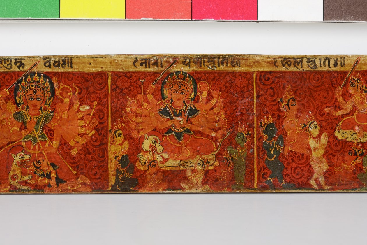 Yksityiskohta Devimahatmya-käsikirjoituksen kannesta (läpinäkymätön wc puulla) tekijältä Nepalese School