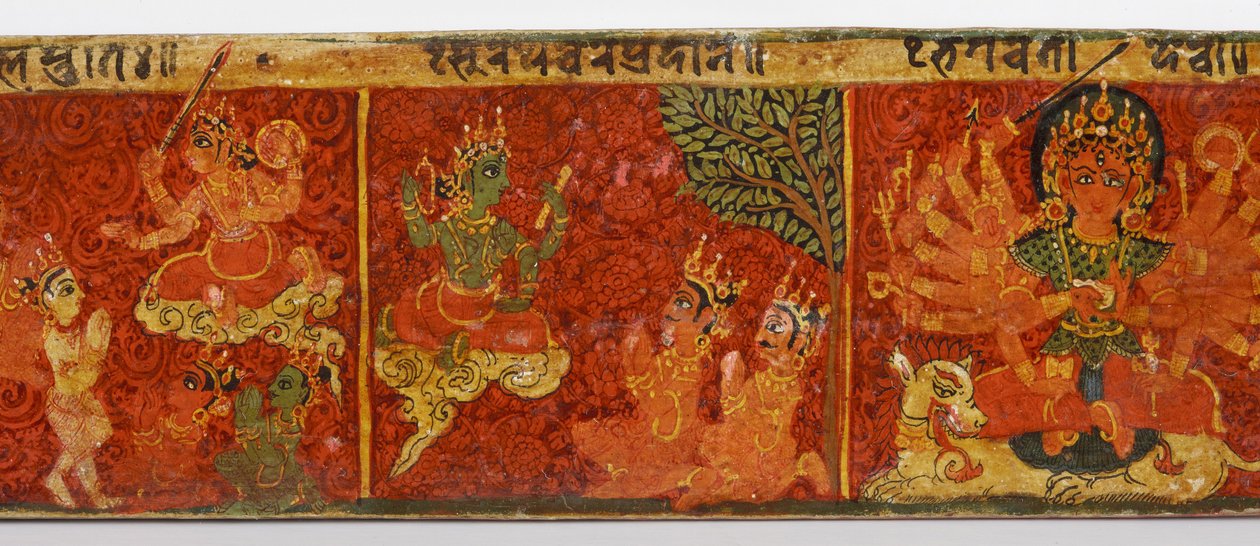 Yksityiskohta Devimahatmya-käsikirjoituksen kannesta (läpinäkymätön wc puulla) tekijältä Nepalese School
