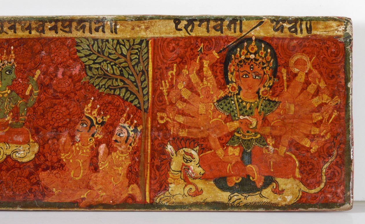 Yksityiskohta Devimahatmya-käsikirjoituksen kannesta (läpinäkymätön wc puulla) tekijältä Nepalese School