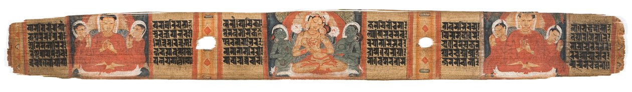 Folio 2r jumalatar Prajnaparamita, Astasahasrika Prajnaparamitasta (muste ja värit palmunlehdissä ja puussa) (katso lisätietoja numerosta 430761) tekijältä Nepalese School