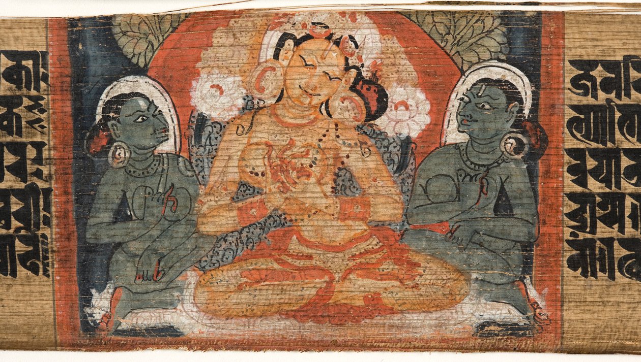 Folio 2r Jumalatar Prajnaparamita, Astasahasrika Prajnaparamitasta (tussi ja värit palmunlehdille ja puulle) (yksityiskohta kuvasta 430760) tekijältä Nepalese School