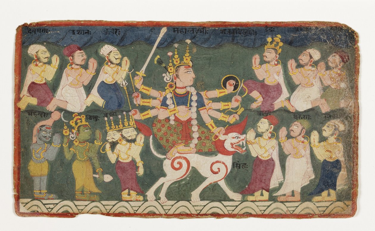 Mahalakshmi ratsastaa leijonalla, Devimahatmyasta, n. 1750 (läpinäkymätön wc paperilla) tekijältä Nepalese School