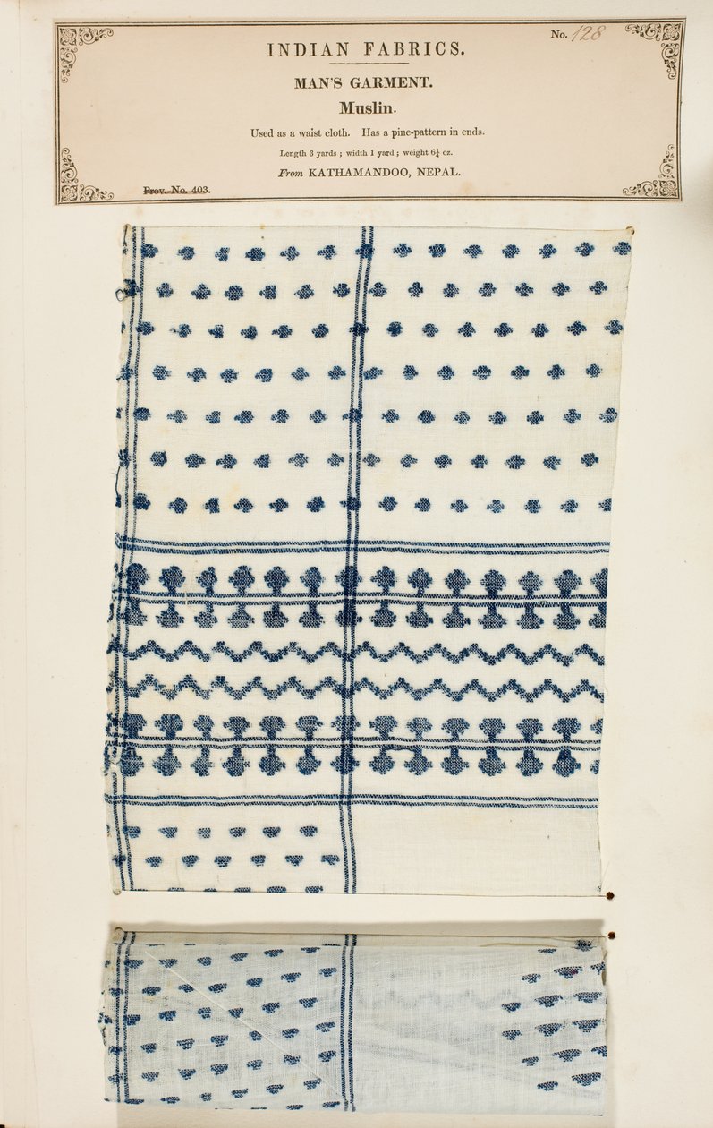 Musliininäyte Nepalin Kathamandoosta, kokoelmasta The Collection of the Textile Manufacturers of India, kirjoittanut John Forbes Watson, julkaistu vuonna 1866 tekijältä Nepalese School