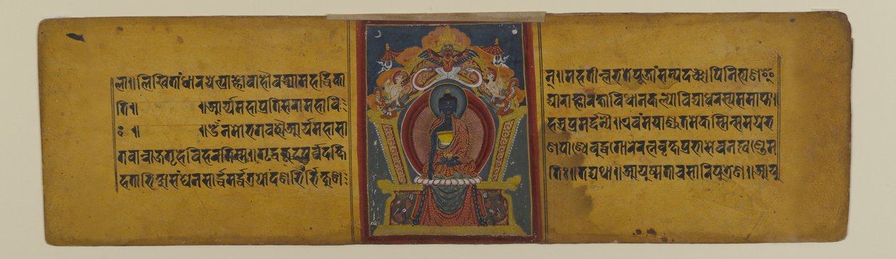 Sivu buddhalaisesta käsikirjoituksesta, jossa on kuva Akshobhyasta, 1500-1700 (muste ja akvarelli paperille) tekijältä Nepalese School