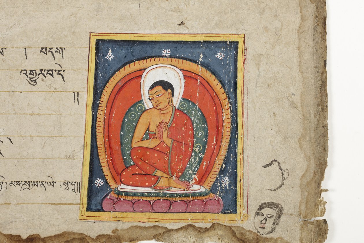 Sivu buddhalaisesta käsikirjoituksesta, mahdollisesti Mahashitalanikasta, n. 1400 (läpinäkymätön wc ja muste paperilla) tekijältä Nepalese School