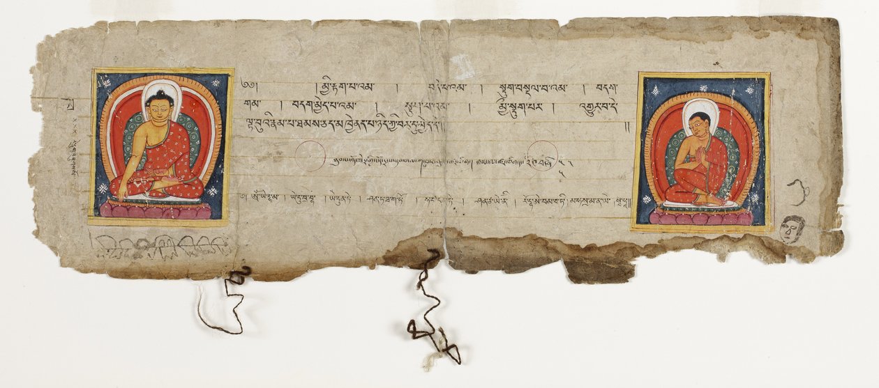 Sivu buddhalaisesta käsikirjoituksesta, mahdollisesti Mahashitalanikasta, n. 1400 (läpinäkymätön wc ja muste paperilla) tekijältä Nepalese School