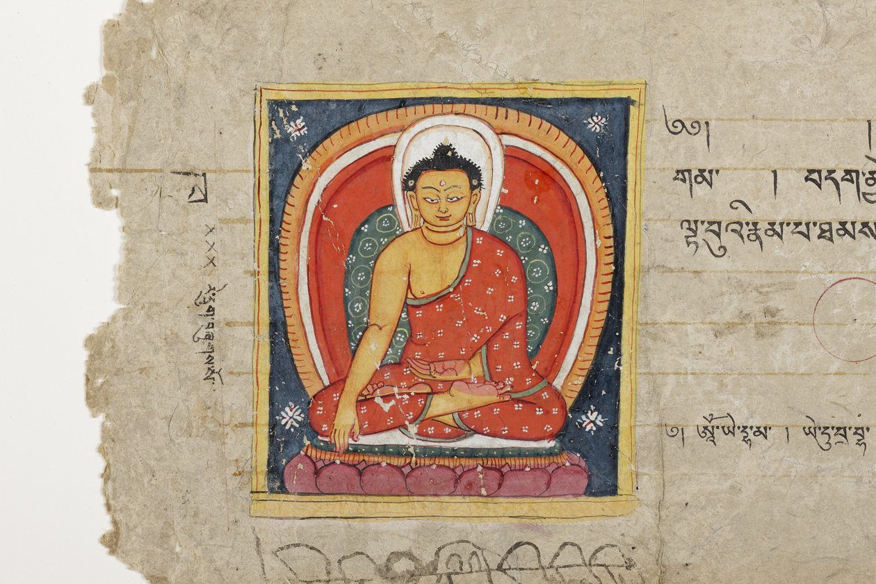 Sivu buddhalaisesta käsikirjoituksesta, mahdollisesti Mahashitalanikasta, n. 1400 (läpinäkymätön akvarelli ja muste paperille) tekijältä Nepalese School