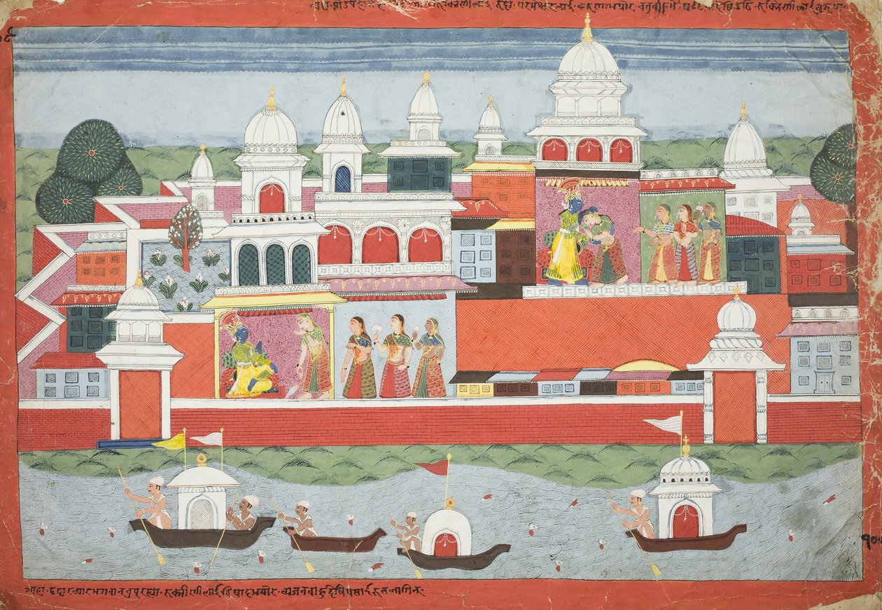 Rukmini pyytää Krishnalta lupaa vierailla veljensä Rukman luona, sivu Bhagavata Puranan käsikirjoituksesta, n. 1775 tekijältä Nepalese School