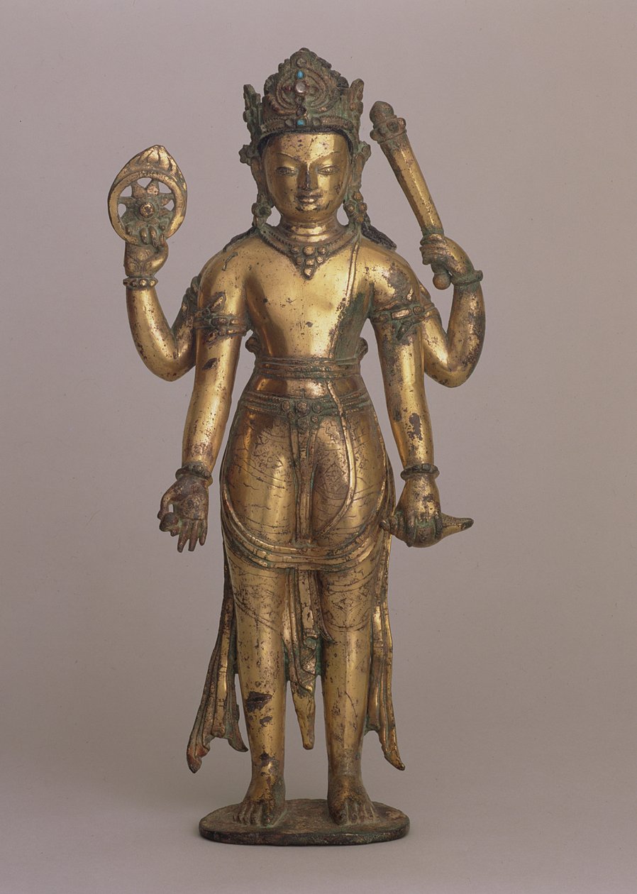 Hindujumala Vishnun patsas, n. 1200 (korkeakuparinen pronssi, viilto, kullattu, koristeltu jalokivillä ja maalattu) tekijältä Nepalese School