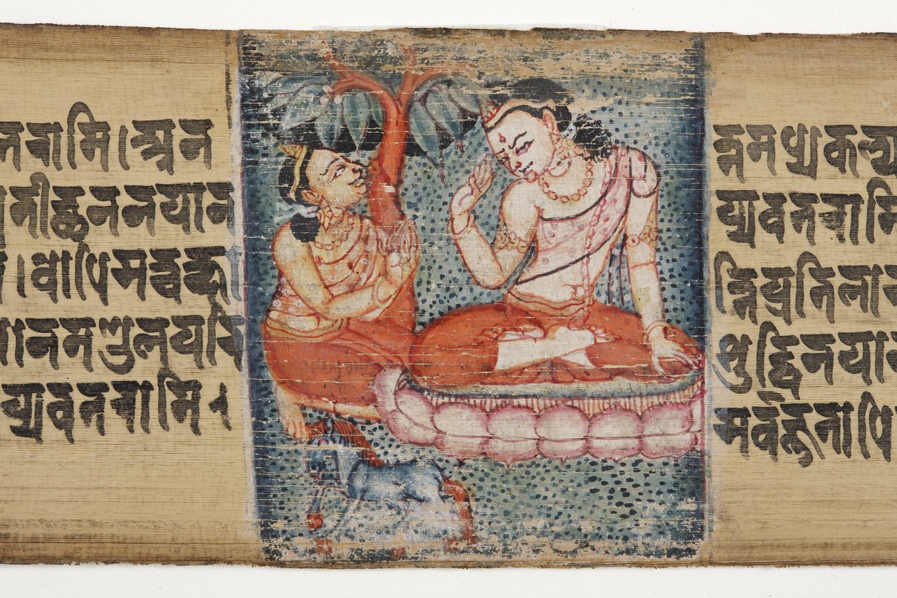 Sudhana polvistumassa bodhisattvan edessä, Gandavyuhasta (läpinäkymätön wc ja muste palmunlehdellä) tekijältä Nepalese School