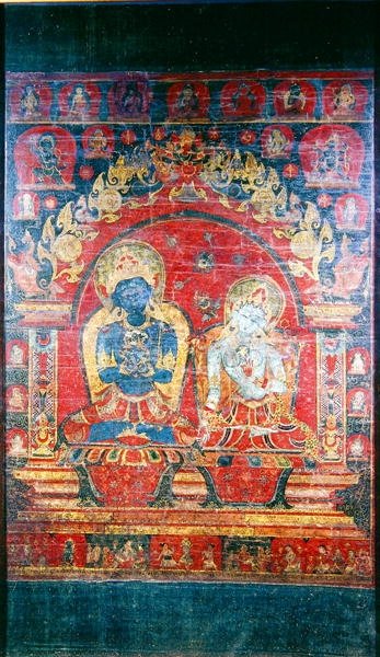 Thangka-maalaus, joka kuvaa Adibuddha Vajradharaa (guassi silkillä) tekijältä Nepalese School
