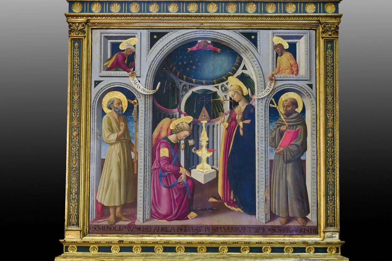 Annunciation between Saints Francis and Jerome (maalaus paneelille) tekijältä Neri di Bicci