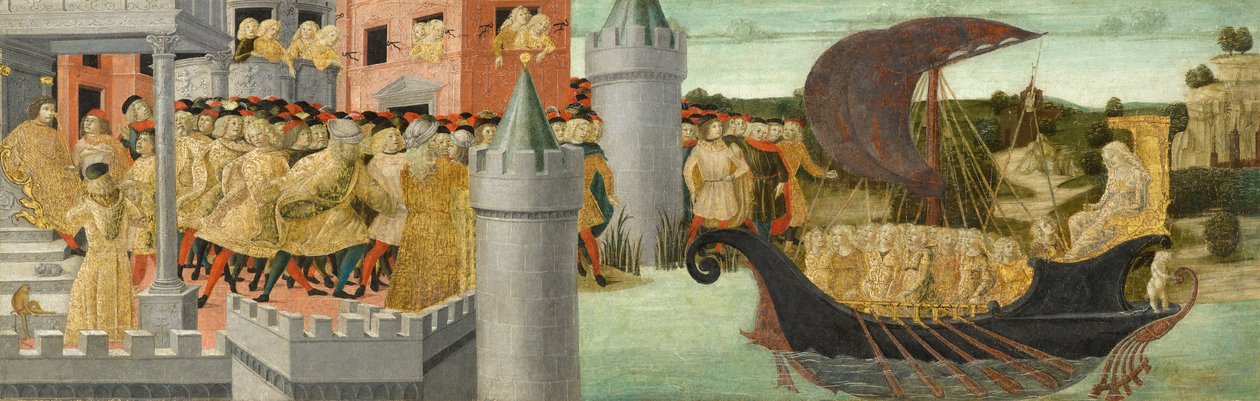 Kleopatran vierailu Antoniuksen luona, n. 1475-1480 (tempera, kulta- ja hopealyijy paneelissa) tekijältä Neroccio di Landi