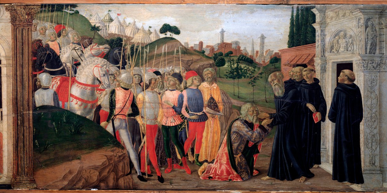 Totila, ostrogoottien kuningas Benedict Nursian luona - Yksityiskohta Predellestä, n. 1470 tekijältä Neroccio di  Landi