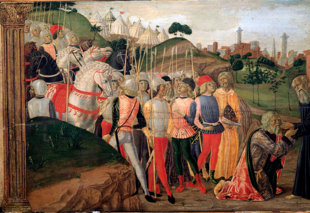 Totila, ostrogoottien kuningas Benedict Nursian luona - Yksityiskohta Predellestä, n. 1470 tekijältä Neroccio di  Landi
