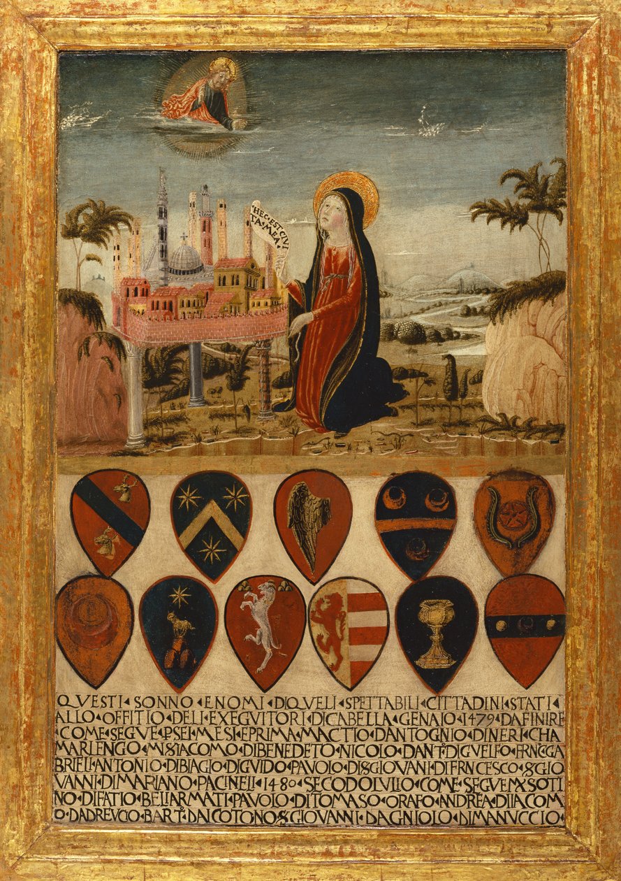 Neitsyt Maria uskoo Sienan kaupungin Jeesukselle tekijältä Neroccio di (1447 1500) Landi