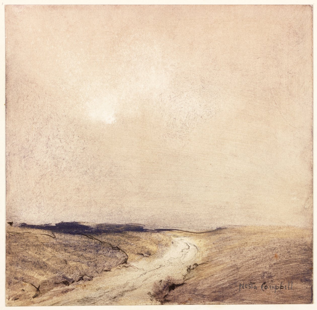 Yorkshire Moorland (kynä ja akvarelli paperille liimattu kortille) tekijältä Nesta Jennings Campbell