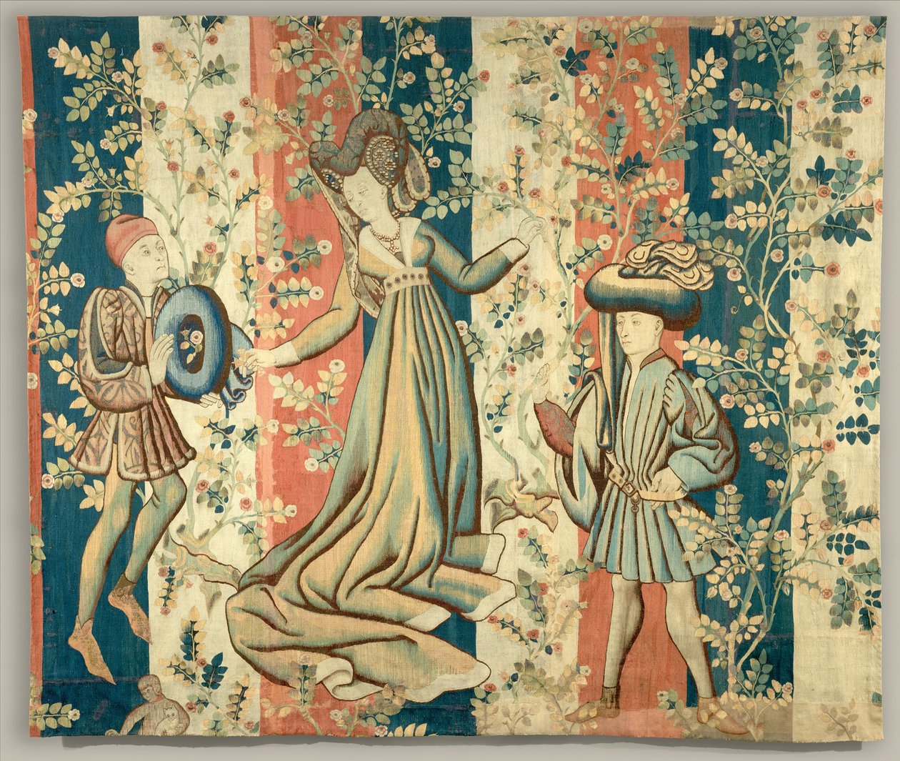 Hovimiehet ruusutarhassa: nainen ja kaksi herraa, n. 1440–1450 tekijältä Netherlandish School