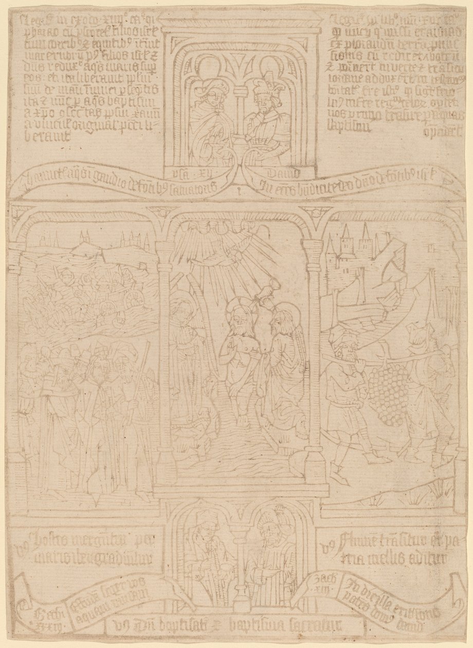 Kristuksen kaste; Farao kulkee Punaisenmeren läpi; Joshua ja Caleb tekijältä Netherlandish 15th Century