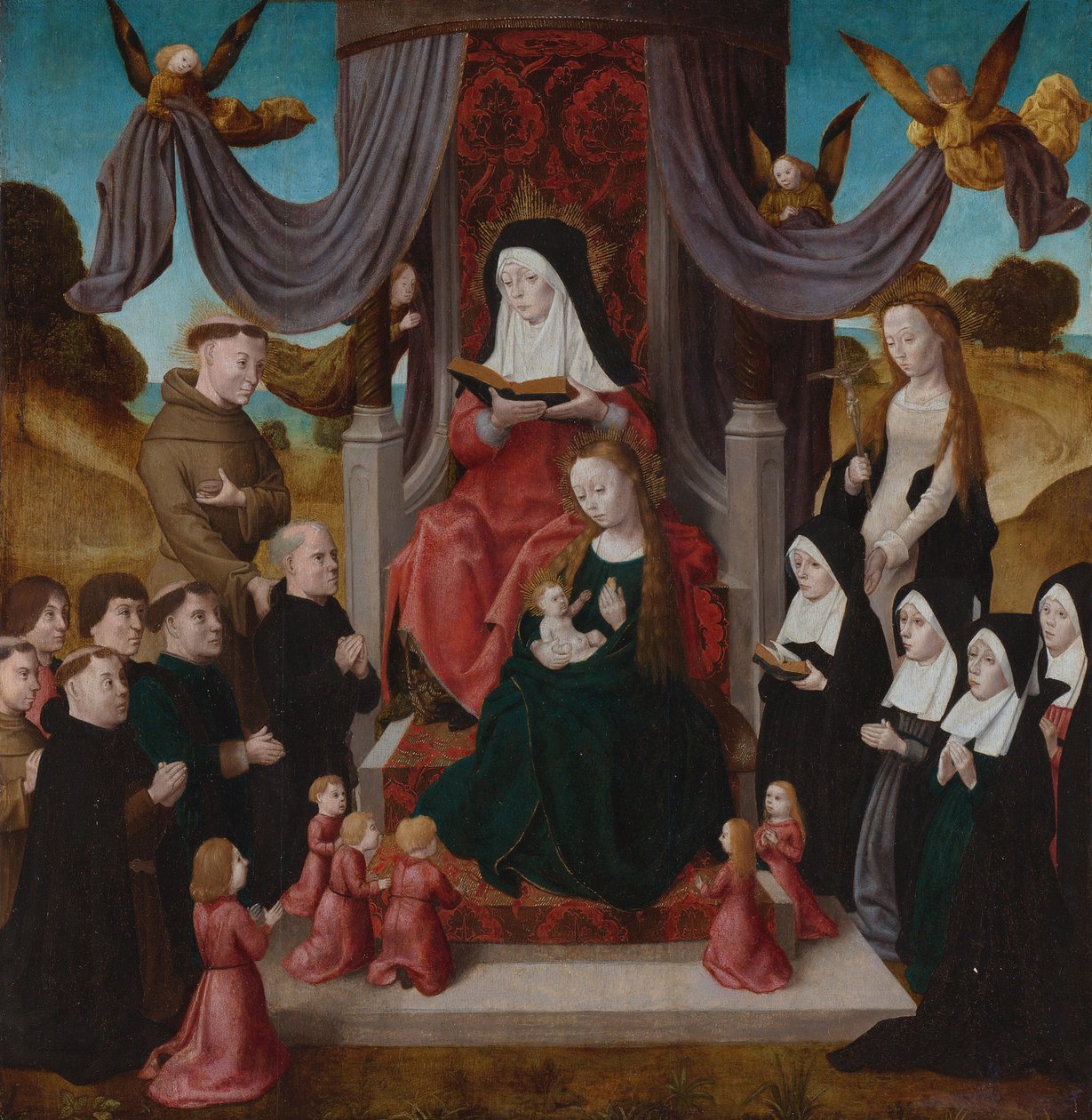 Neitsyt ja lapsi Pyhän Anna Anna Selbdrittin, pyhien Franciscuksen, Lidwinan ja lahjoittajien kanssa, n. 1490-1 tekijältä Netherlandish Master
