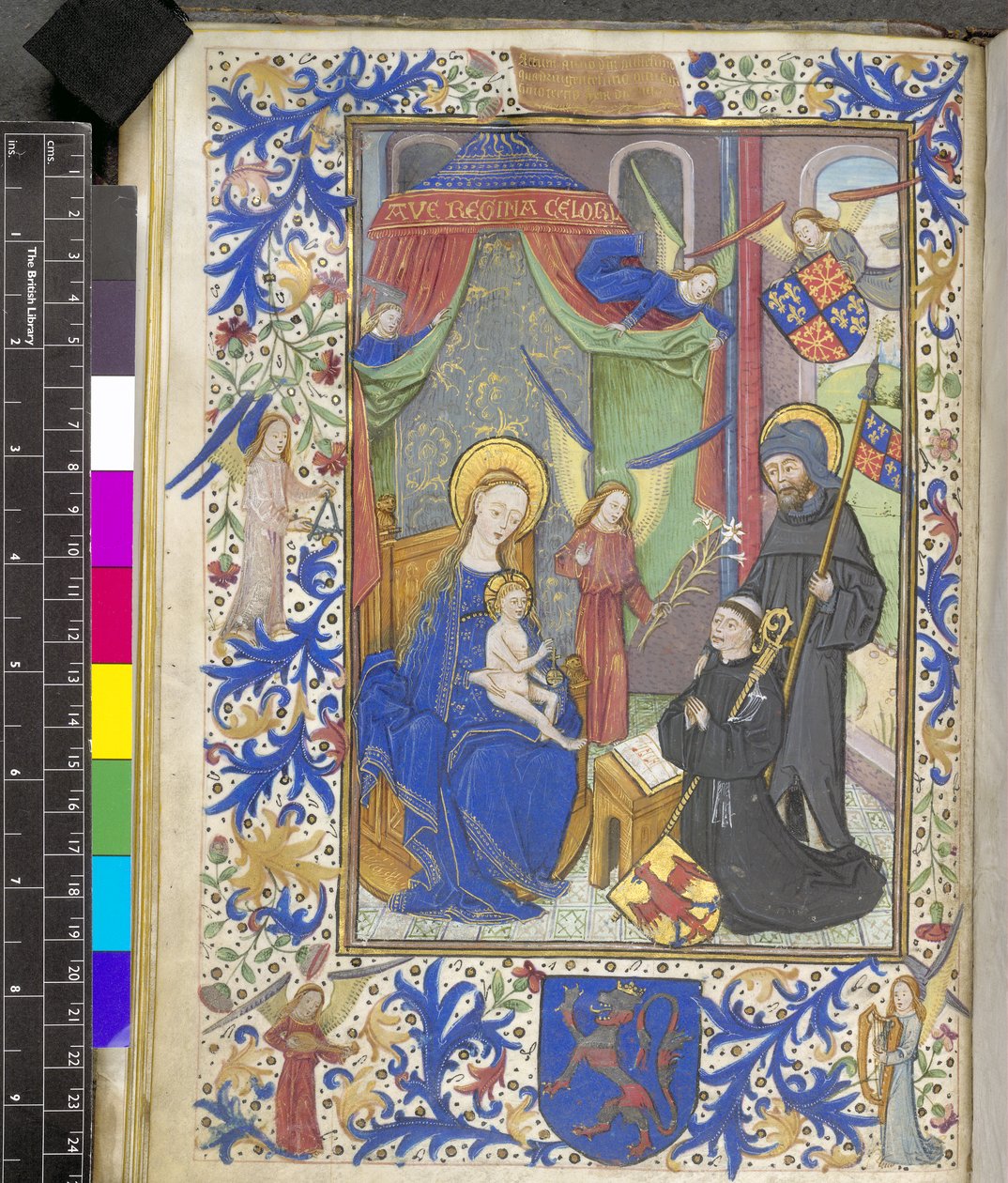 Lisää 17440 f.13v Liljan neitsyt suojelija Willem van Bossuntin kanssa Gentin messaalista tekijältä Netherlandish School
