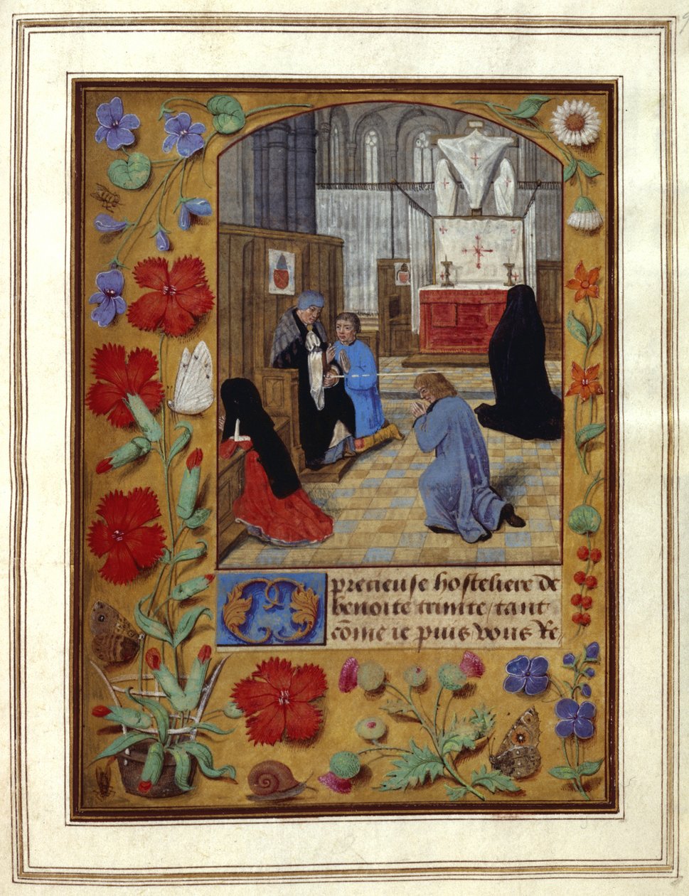 Lisätä. 25698, f.9 Paasto ja rukous kirkossa, kuvitus Tuntikirjasta, n. 1492 (muste ja väri vellum) tekijältä Netherlandish School