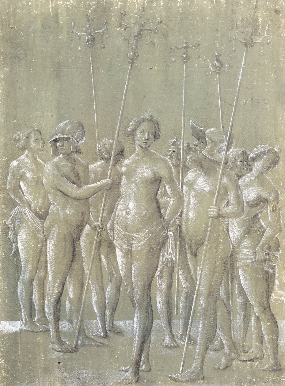 Viisi alastonsotilasta sauvoissa, kaksi kypärässä ja kolme alastonnaista, 1522 tekijältä Netherlandish School