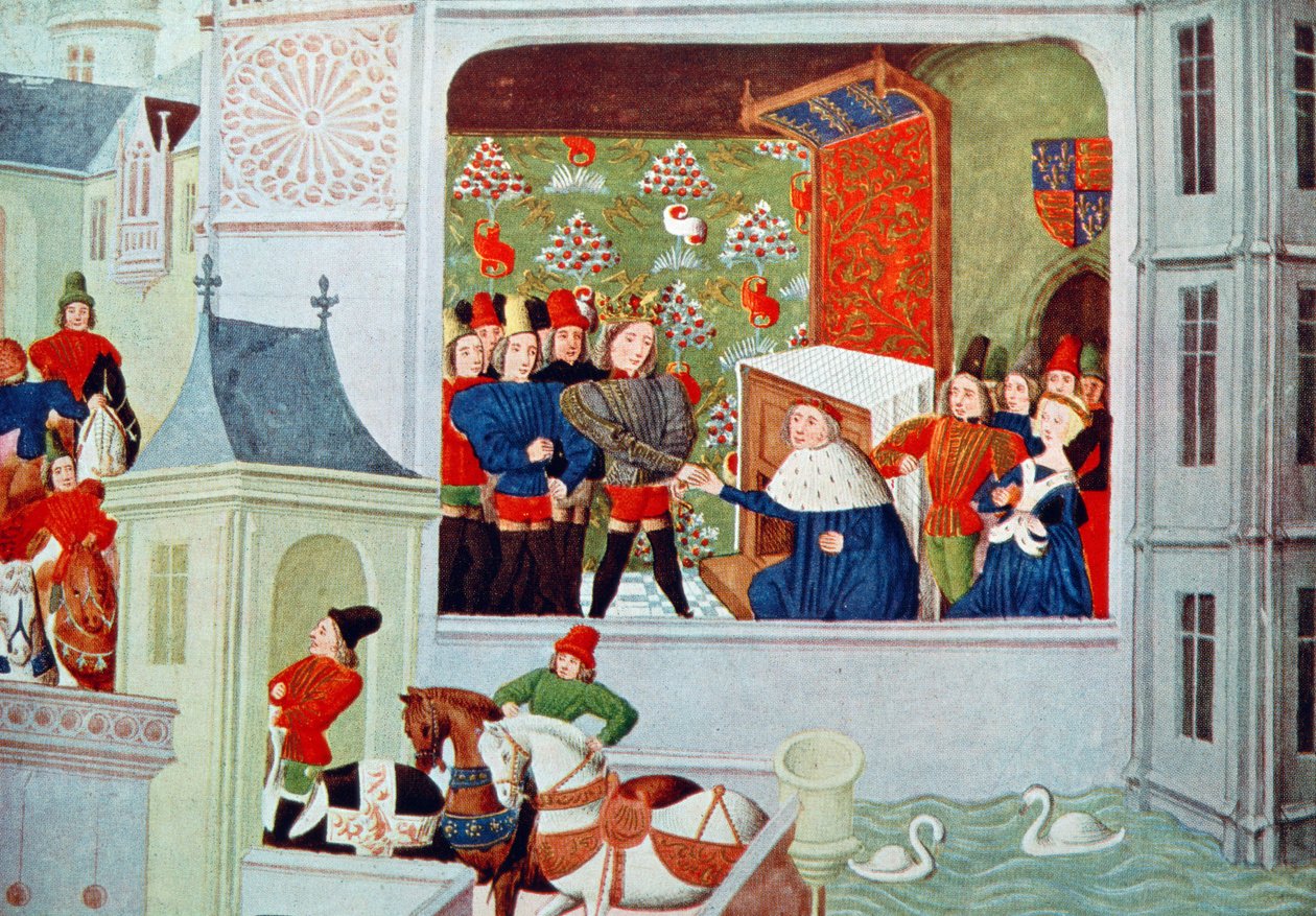 Harl 4380 f.117 Richard II:n ja Gloucesterin herttuan haastattelu Pleshy Castlessa, Froissart