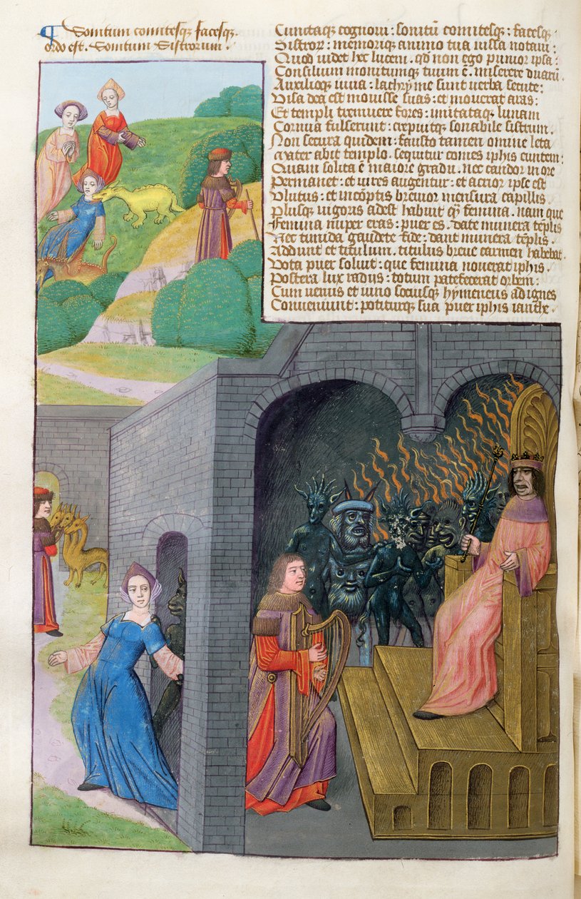 Ms 324 f.101 v. Orpheus ja Eurydice, Cerberus ja Pluto, Ovidiuksen luvusta Metamorphoses 10, 1479 tekijältä Netherlandish School