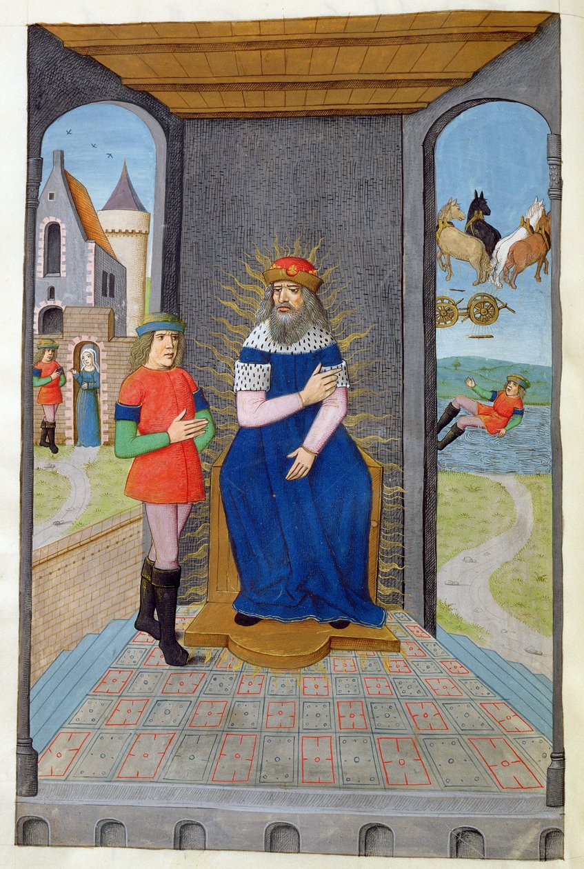 Ms 324 f.25 v. Phaeton lainaa isältään vaunuja ja tapetaan Ovidiuksen luvusta Metamorphoses 2, 1479 tekijältä Netherlandish School