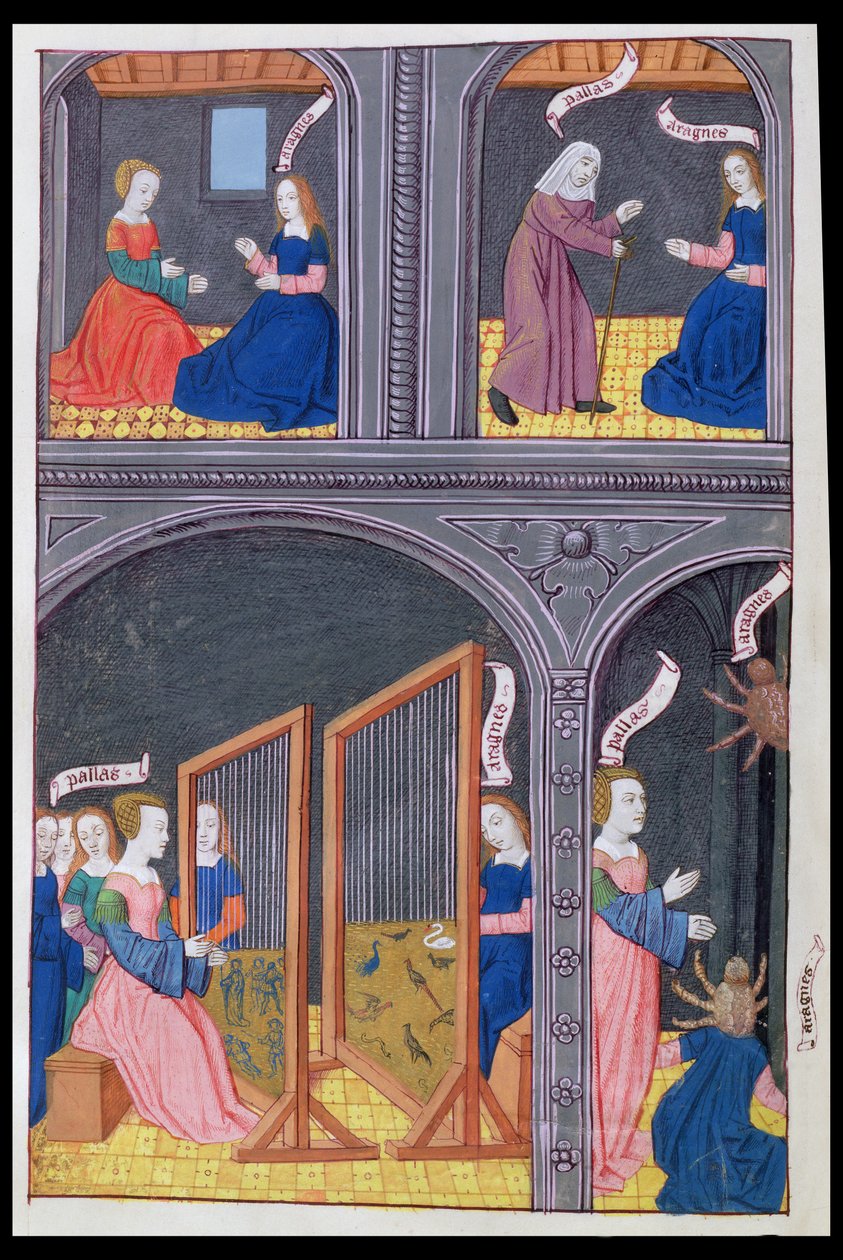 Ms 324 f.62 v. Arachne haastaa Pallasin ja hänestä tulee hämähäkki Ovidiuksen Metamorphoses 6:sta, 1479 tekijältä Netherlandish School