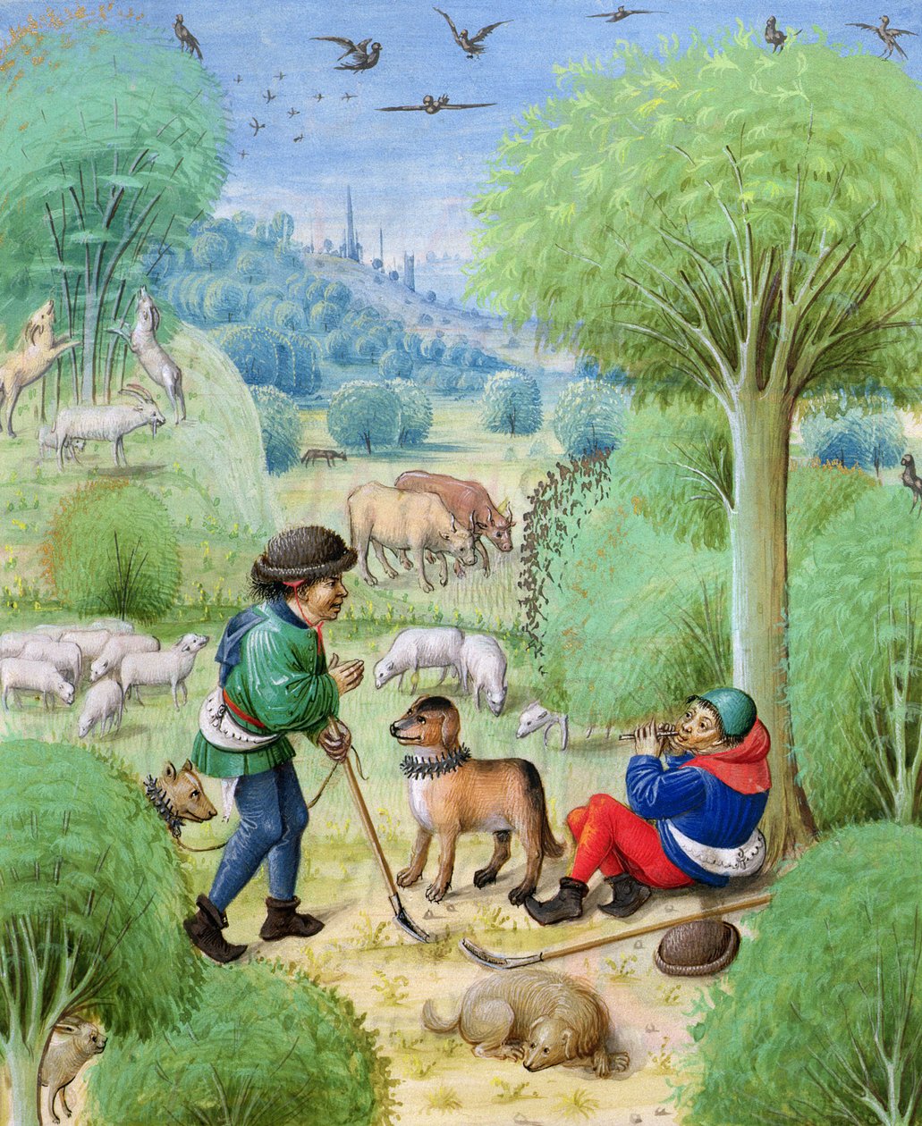 Ms 324 f.9 r. Pastoraalinen kohtaus, Vergiliuksen Eclogues, 1472-73 tekijältä Netherlandish School