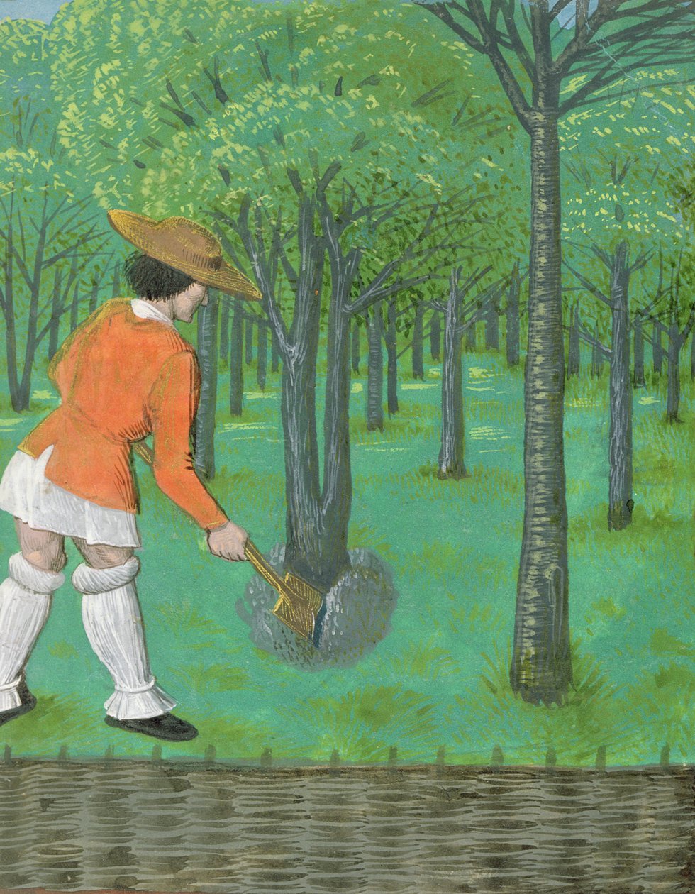 Roy 14 E VI f.28 Mies lapion kanssa hedelmätarhassa, 
