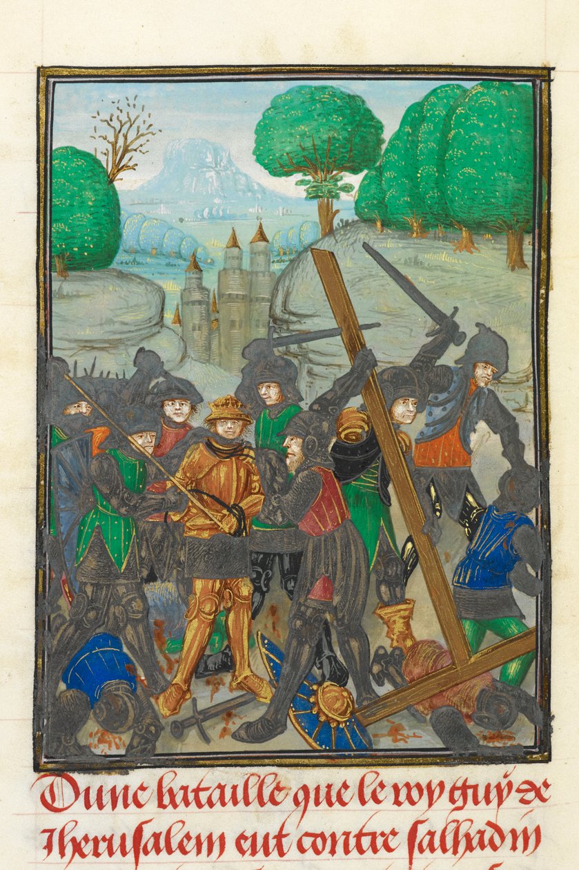 Royal 15 E.I, f.433v Guy de Lusignanin tappio ja Pyhän Ristin menetys, kuvitus teoksesta "Ristiretkien historia", Tyroksen arkkipiispa William tekijältä Netherlandish School