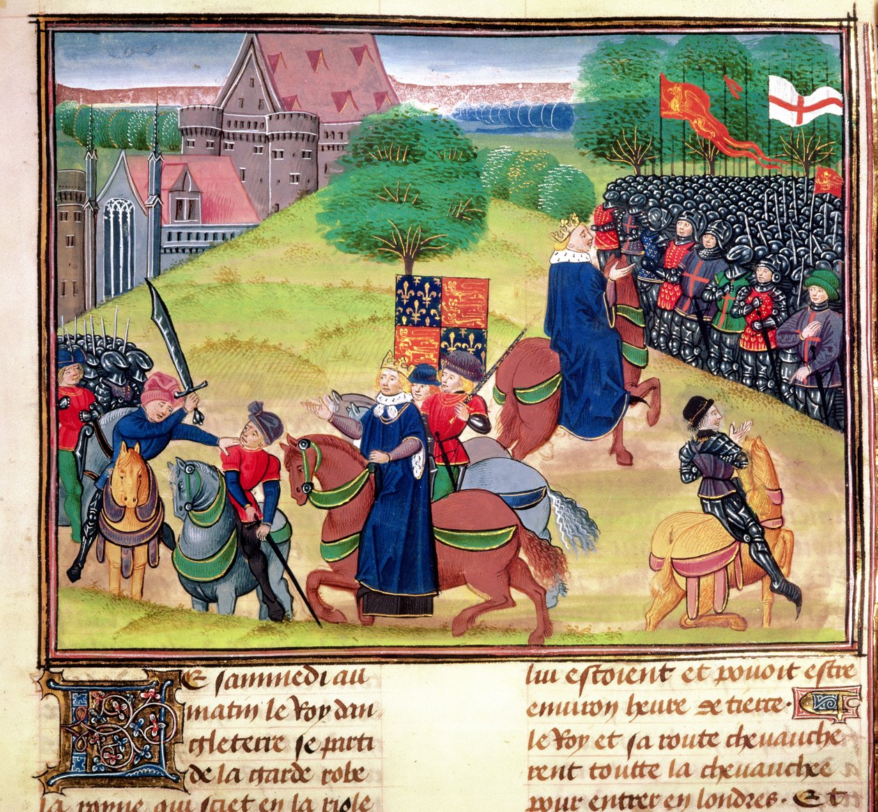 Royal 18 E.1, F.175 Wat Tylerin kuolema Smithfieldissä, Lontoossa, vuonna 1381 talonpoikien kapinan aikana, kuva Jean Froissartin teoksesta Chroniques de France et d