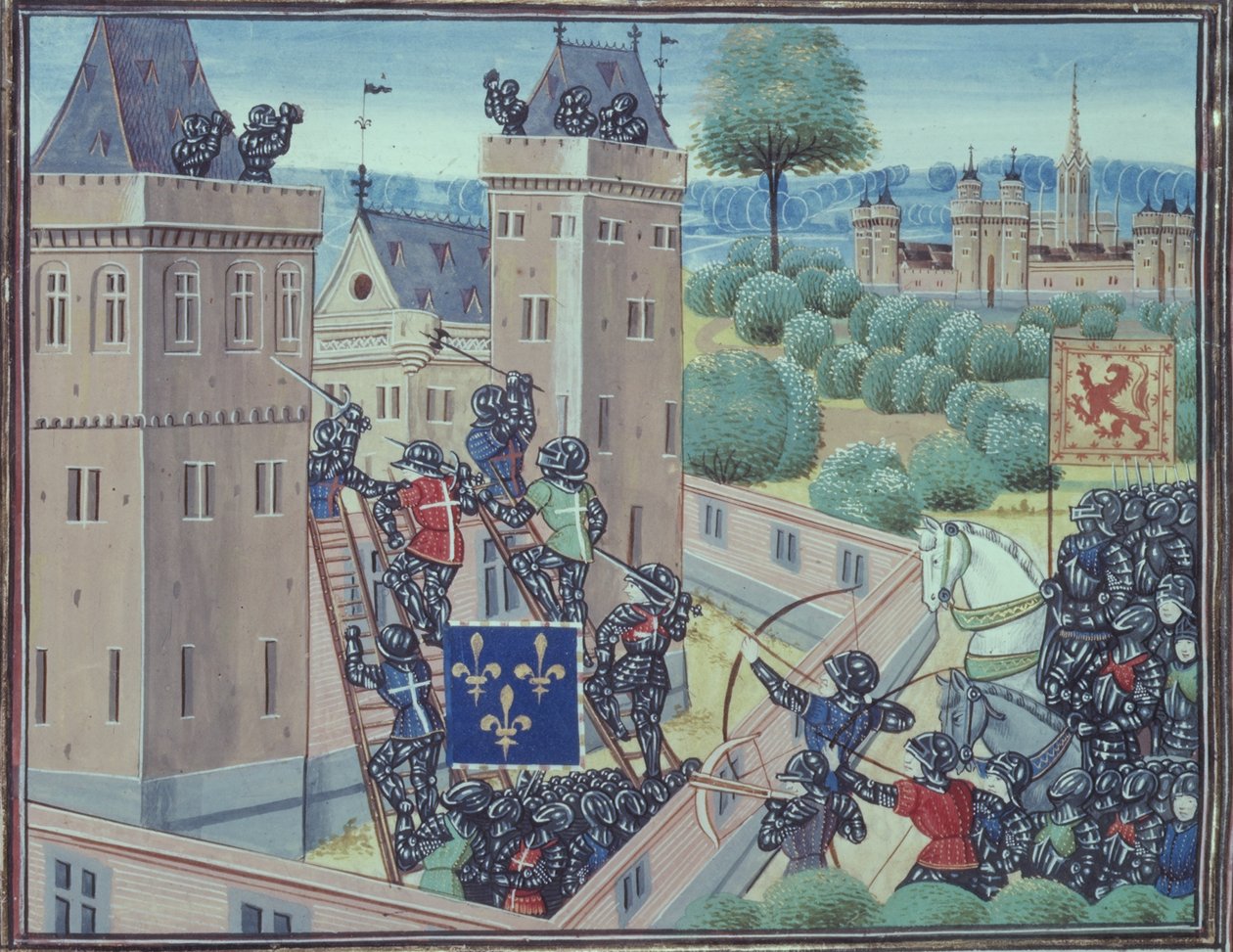 Royal 18 E.1 fol.345 Warkin linnan vangitseminen ranskalaisten ja skottien toimesta, Jean Froissartin (n. 1333-1404) Chroniques de France et d