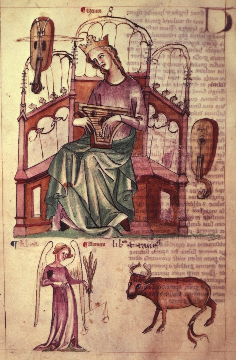 Sloane 3983 fol.42v Venus soittamassa psalteria, kirjasta "The Book of Astrology" (vellum) tekijältä Netherlandish School