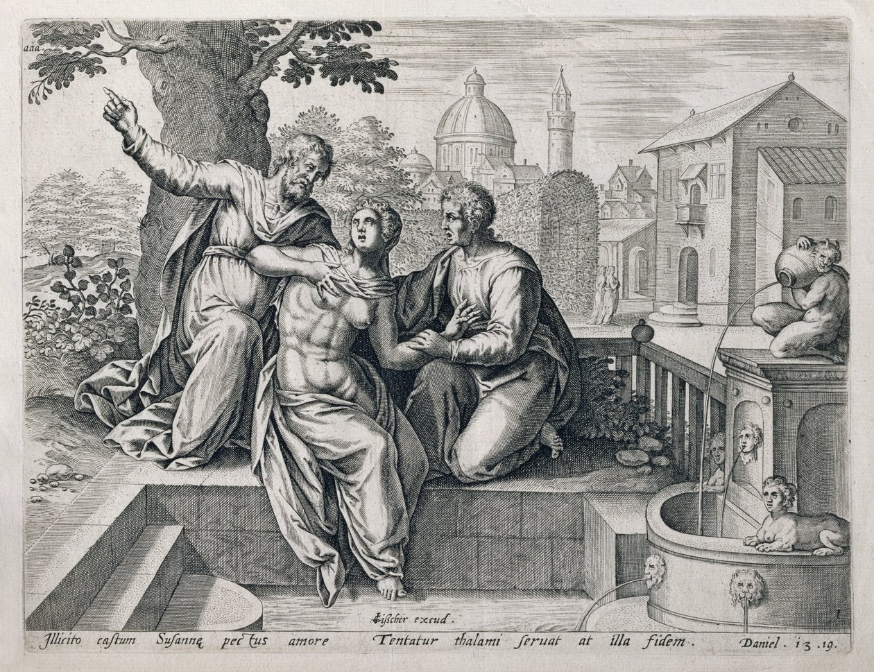 Susanna ja vanhimmat, sarjasta, joka kuvaa kohtauksia Raamatusta, pubi. kirjoittanut Claes Jansz Visscher (n. 1550 - n. 1612) n. 1590 tekijältä Netherlandish School