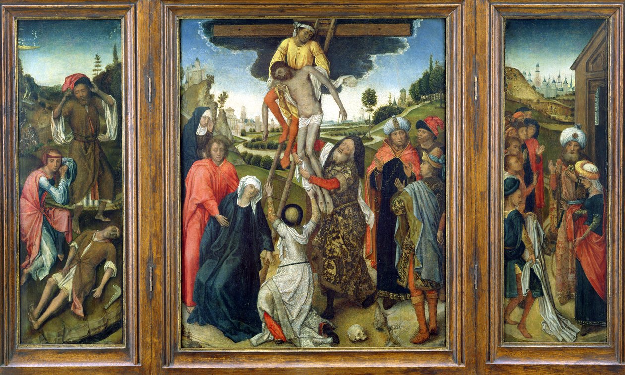 The Deposition, jota reunustavat (V) Adam ja Eeva surevat Abelia ja (R) Josephin takki Jaakobille, triptyykki, n. 1470 (paneeli) tekijältä Netherlandish School