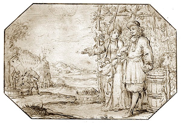 Neljä vuodenaikaa: Syksy - Sadonkorjuu, n. 1675 (kynä ja seepiamuste paperilla) tekijältä Netherlandish School