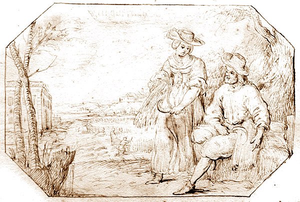 Neljä vuodenaikaa: Kesä - Korjuu, n. 1675 (kynä ja seepiamuste paperilla) tekijältä Netherlandish School