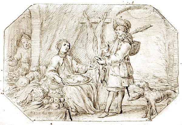 Neljä vuodenaikaa: Talvi - Paluu metsästyksestä, n. 1675 (kynä ja seepiamuste paperilla) tekijältä Netherlandish School