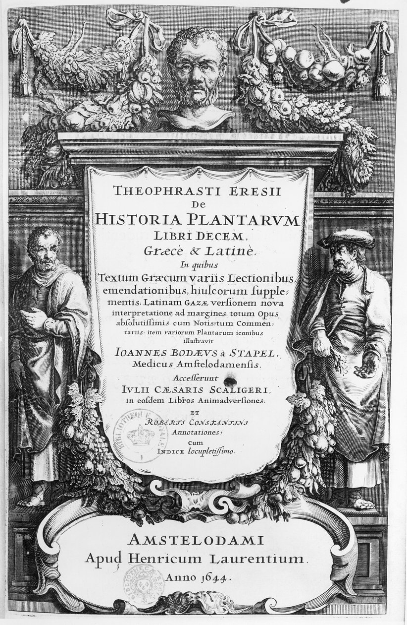 Amsterdamissa vuonna 1644 julkaistun Theophrastoksen (n. 372-287 eKr.) Historia Plantarum Libri Ten -julkaisun nimisivu tekijältä Netherlandish School