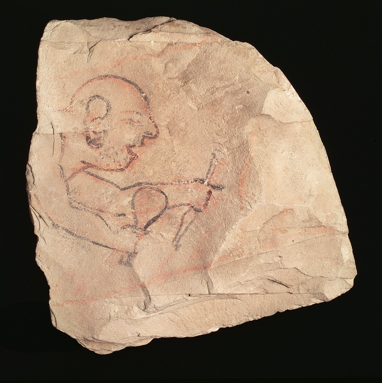 Ostracon, joka kuvaa karvaamatonta kivenhakkaajaa, mahdollisesti Deir el-Medinasta, 19.-20. dynastia, 1200-1153 eKr. (maalattu kalkkikivi) (katso myös 282583) tekijältä New Kingdom Egyptian
