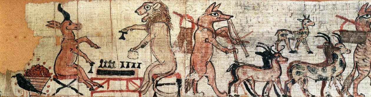 Satiirinen papyrus, yksityiskohta vasemmalta puolelta leijonaa ja antilooppia pelaamassa senet-peliä, Thebasta, noin 1100 eKr. (katso myös 85722) tekijältä New Kingdom Egyptian